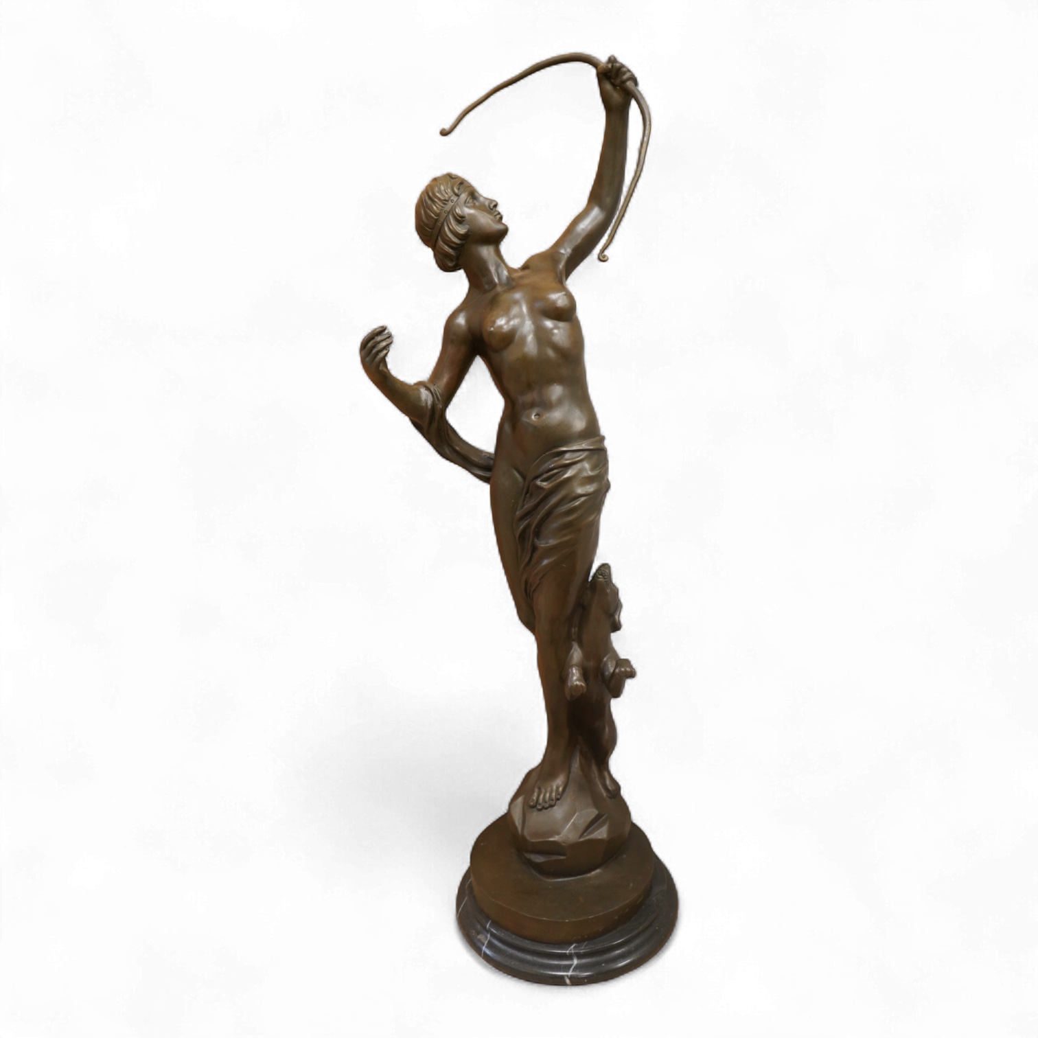 A large Art Deco style patinated bronze figure of Diana, unsigned on black marble base, height 85cm